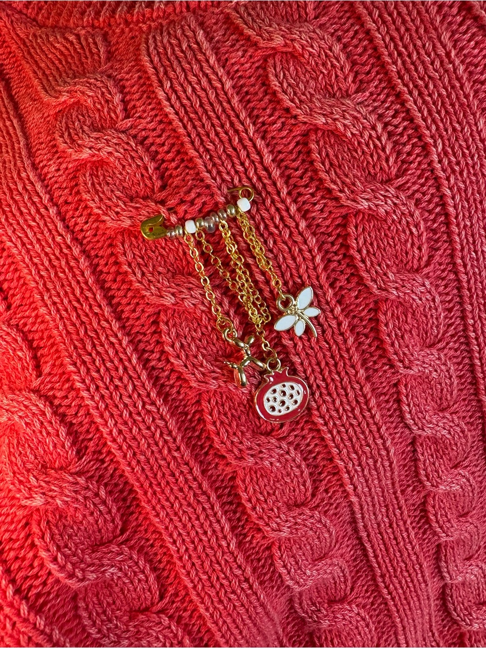 Handmade Charm Safety Pin Brooch - White & Gold